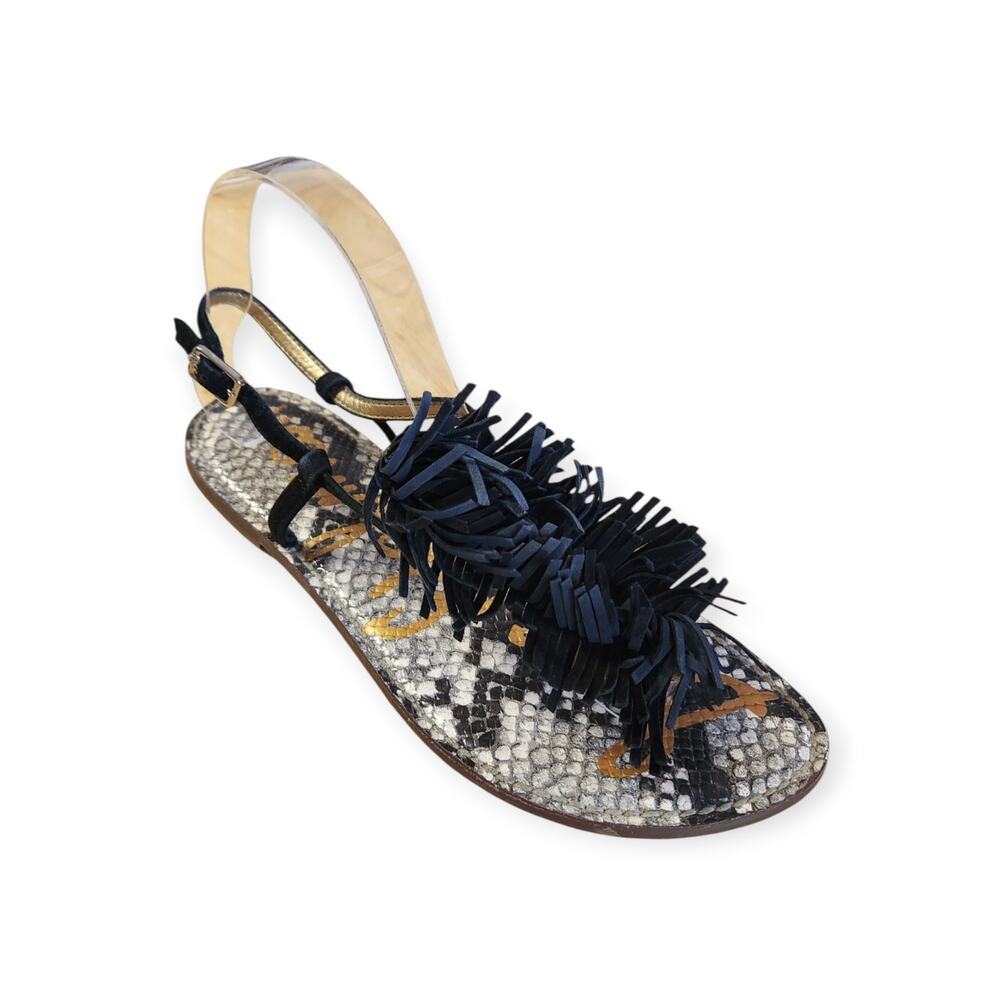 Sam Edelman Gela Black Suede Fringe Snake Flat Buckle Sandal Size Women 8.5